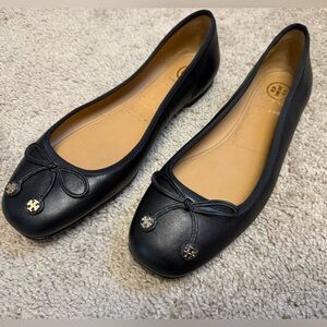 Tory Burch Black Leather Logo Bow Ballet Flats